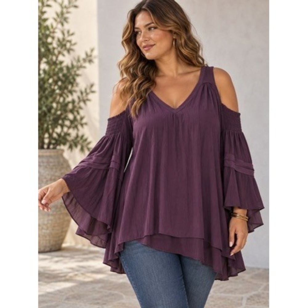 Ramy Brook Purple Silk Cold Shoulder Tiered Bell Sleeve V-Neck Blouse Small